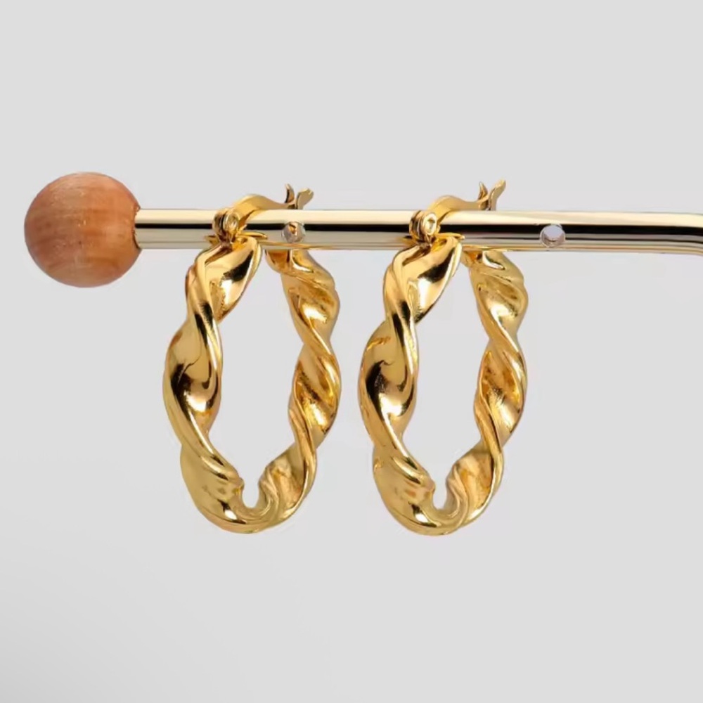 18K Gold Plated Medium Twisted Hoop Earrings - Picture 5 of 7